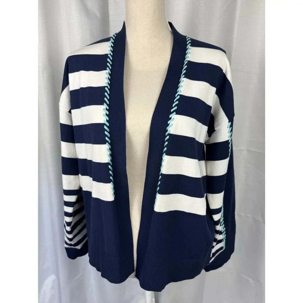 Chico's Striped Cardigan Sweater M Nautical Coastal Grandma Open Front - Picture 2 of 7
